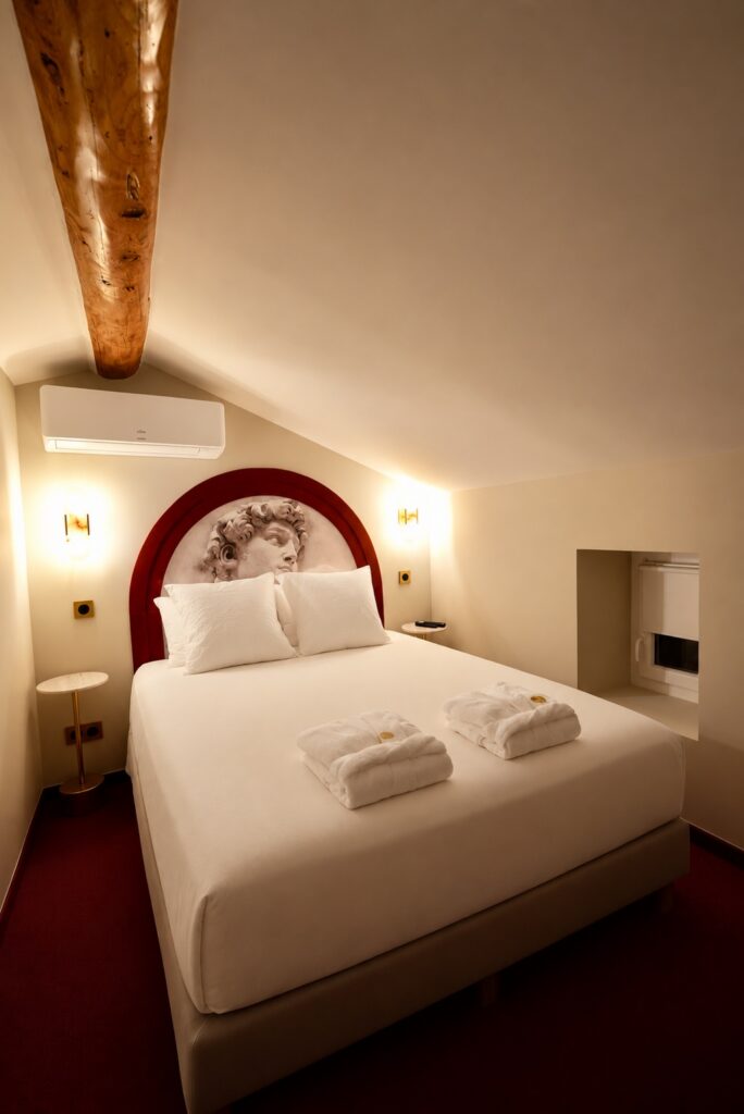 Chambre 2 de La Suite Romaine mansardée, peignoirs posés sur le lit